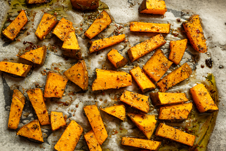 Home made, oven roasted and seasoned pumpkin. Close up shot, top view, no people