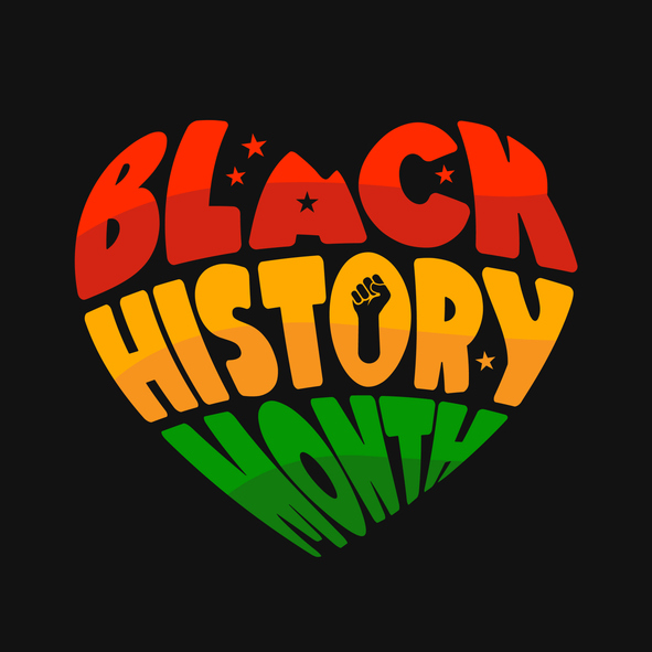 Black History Month creative concept on a heart shape with a fist hand icon to celebrate African American Black power love. Logotype label, sticker for banner, poster, greeting card and print.