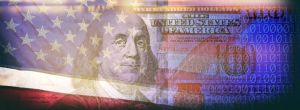 American one hundred dollar bill and American flag over binary code of one and zero