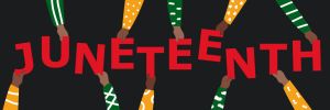 A colorful Juneteenth celebration banner. African American hands holding red letters. African American people freedom day.